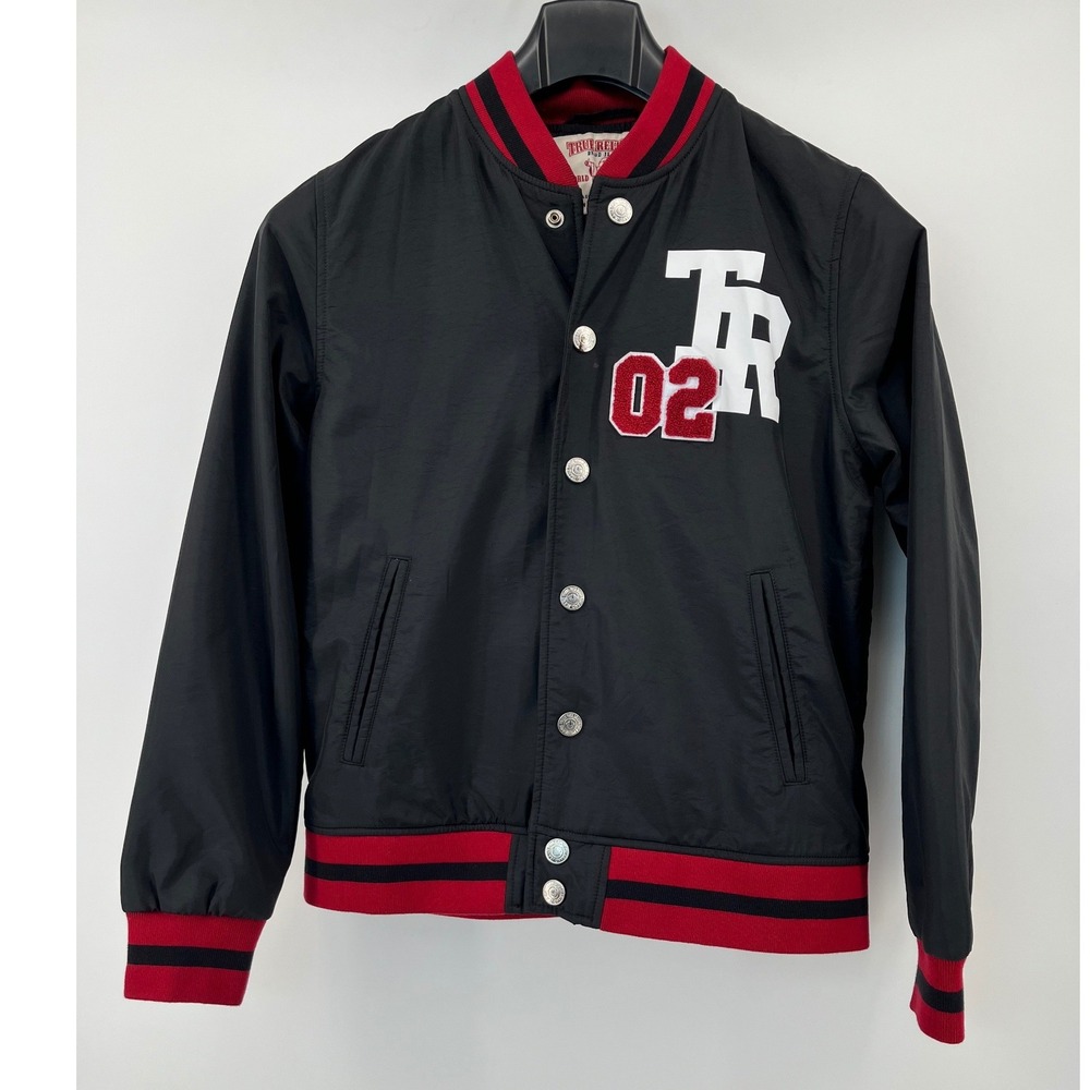 True Religion Varsity Jacket Mens Large Black Red Patchwork Bomber 02 Letterman - Picture 2 of 9
